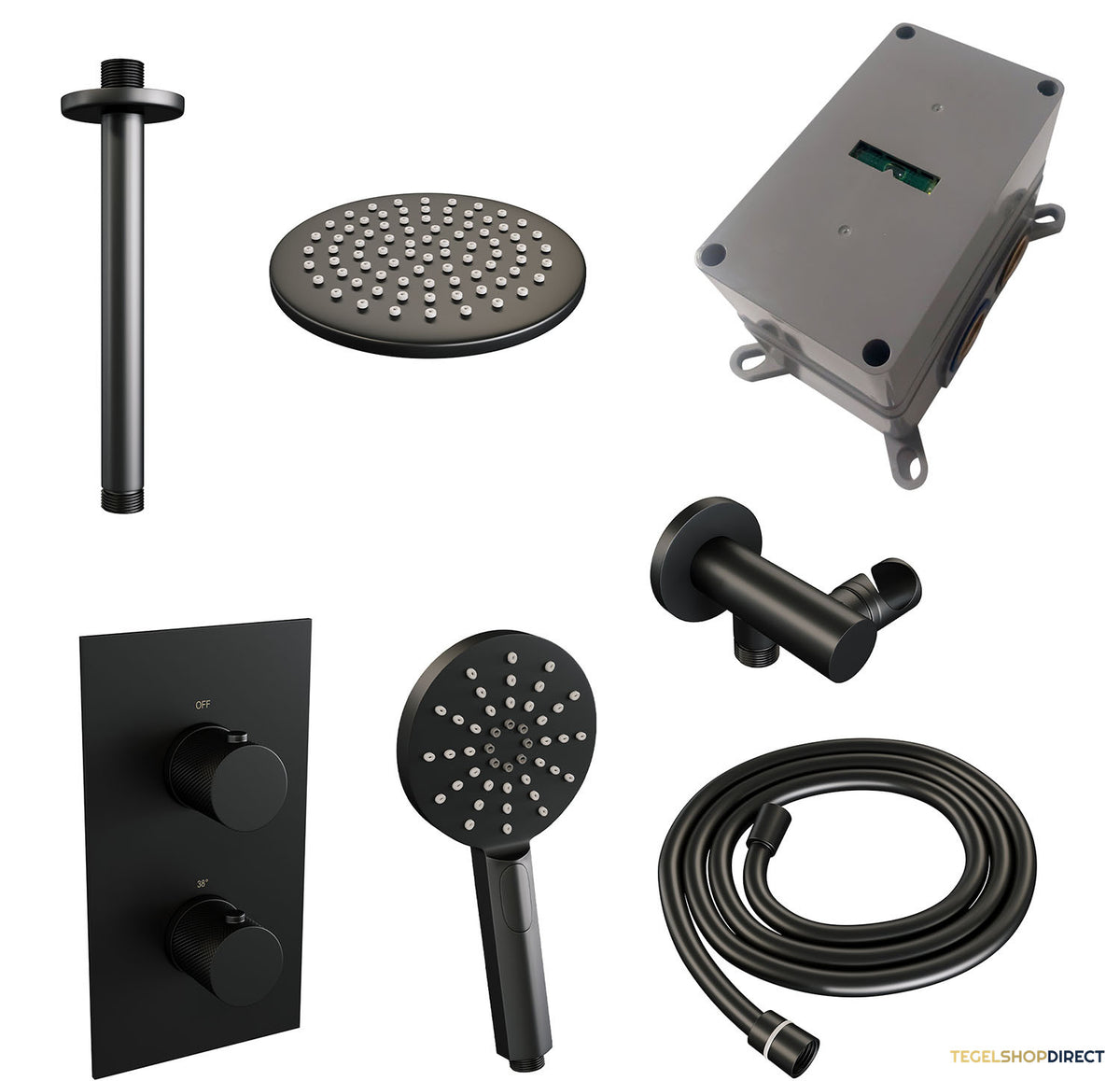 Regendoucheset Inbouw Brauer Black Carving Thermostatisch 20cm met 3-Weg Omstelling, Plafondarm en 3-Standen Handdouche Mat Zwart – afbeelding 3