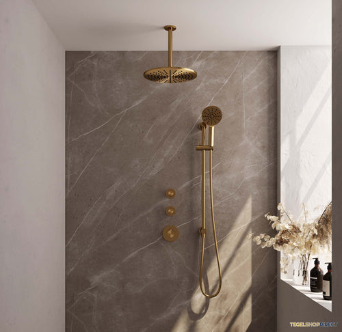 Regendoucheset Inbouw Brauer Gold Edition Thermostatisch 30cm met Plafondarm, Glijstang en Handdouche 3-Standen Losse Stopkranen Geborsteld Goud