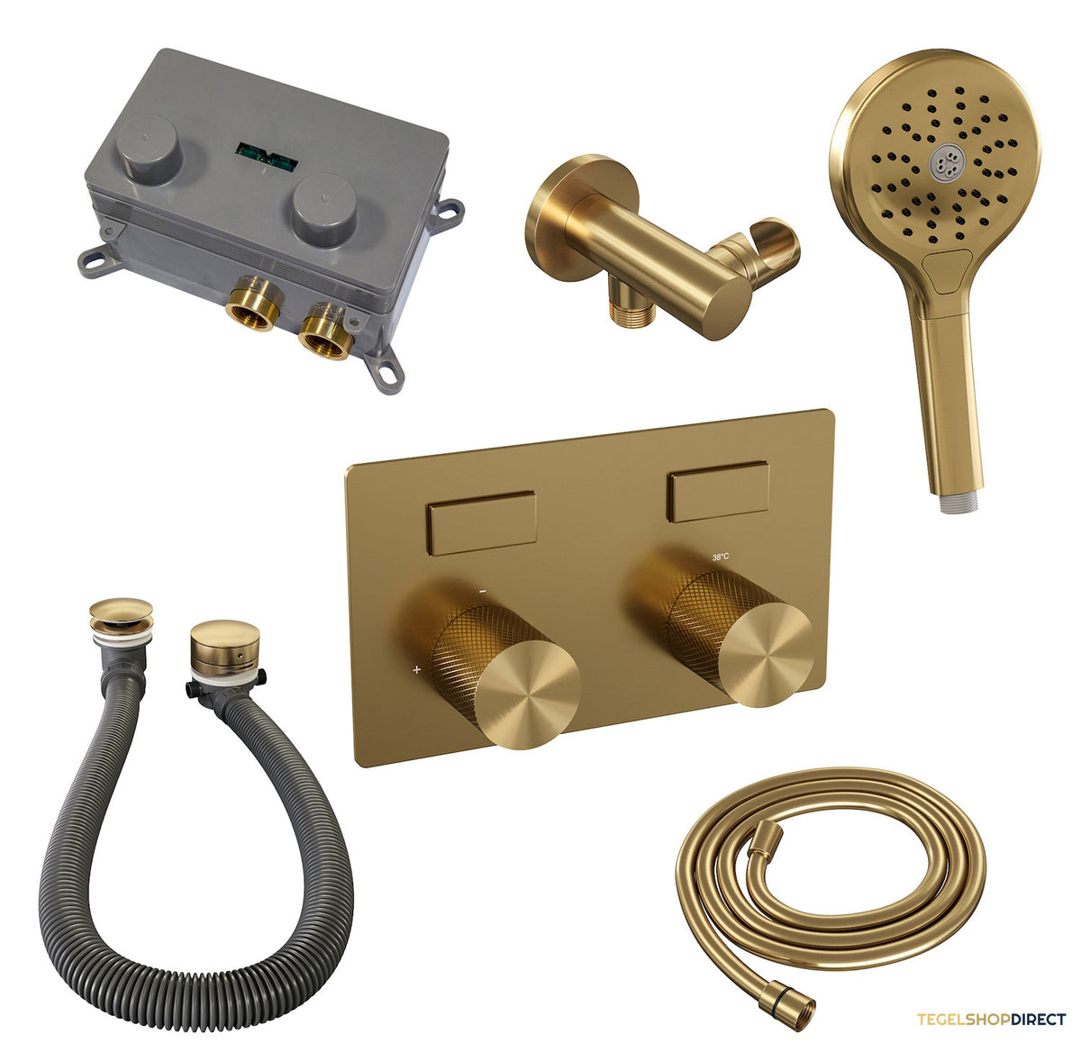 Inbouwthermostaat set Brauer Carving Met Drukknoppen Incl Baduitloop en Afvoer Goud (Keuze Handdouche) – afbeelding 6