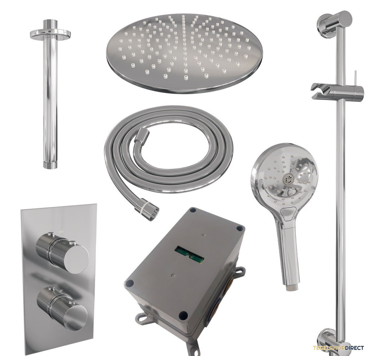 Regendoucheset Inbouw Brauer Chrome Carving Thermostatisch 30cm met 3-Weg Omstelling, Plafondarm, Glijstang en Handdouche 3-Standen Chroom – afbeelding 12