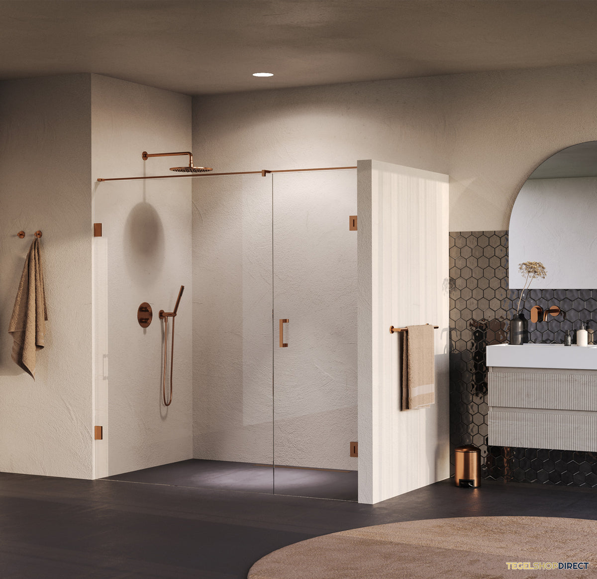 BRAUER Void nisdeur 2-delig helder glas 200x200 omkeerbaar met draaideur 70 aan muur incl. glascoating PVD koper – afbeelding 2