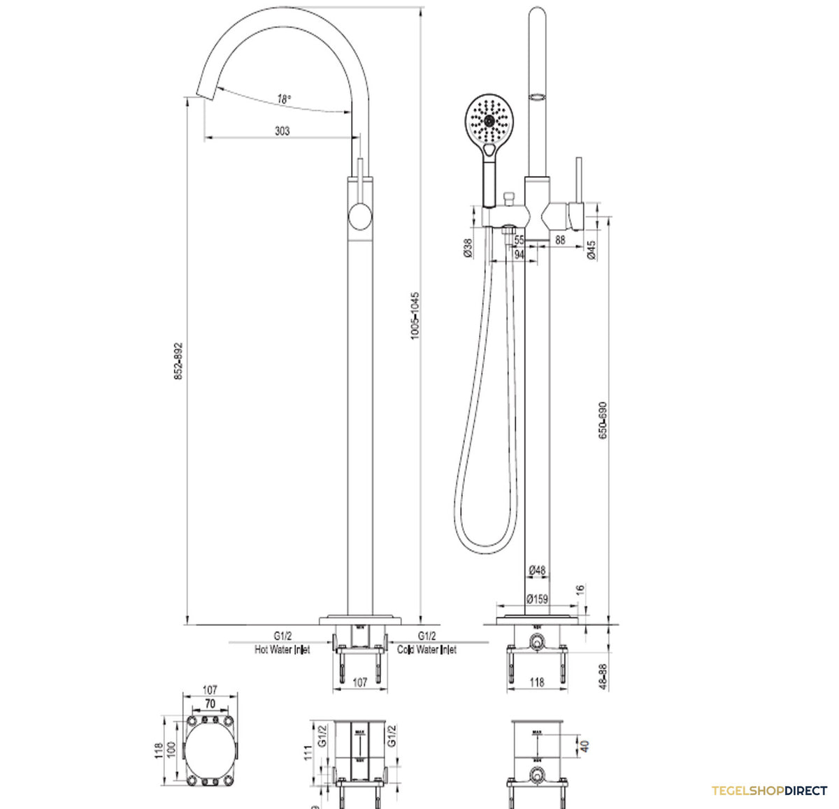 Vrijstaande Badkraan Brauer Brushed Met Handdouche Rond Geborsteld RVS – afbeelding 5