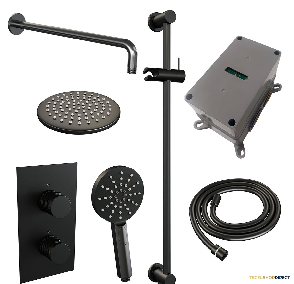 Regendoucheset Inbouw Brauer Black Carving Thermostatisch 20cm met 3-Weg Omstelling, Gebogen Wandarm, Glijstang en Handdouche 3-Standen Mat Zwart – afbeelding 3