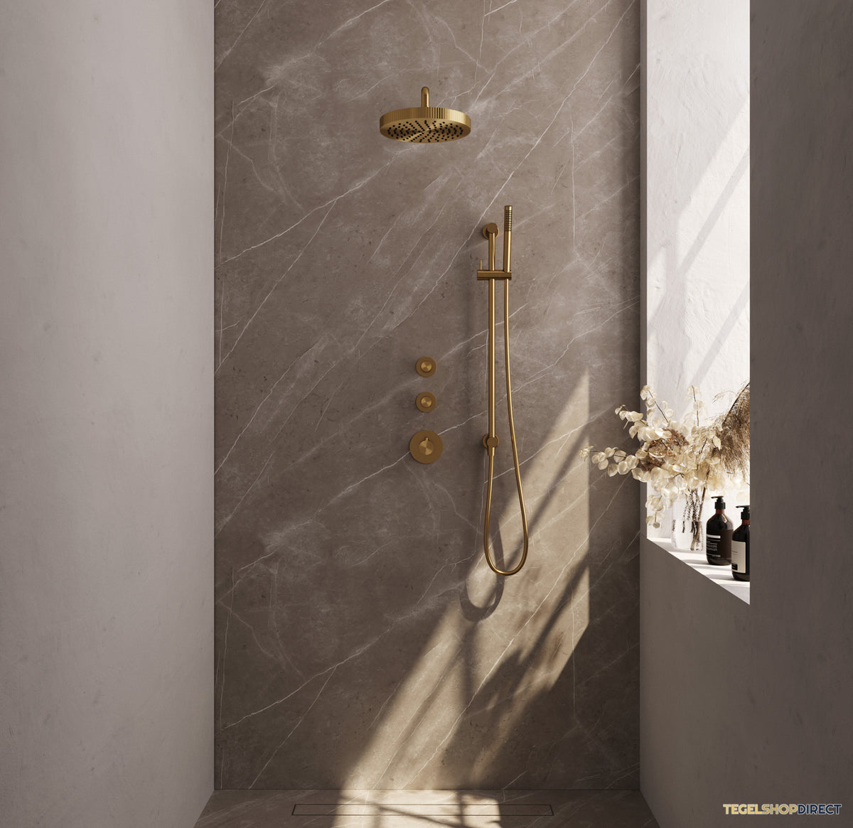 Brauer Stripe thermostatische inbouw regendouche SET 08 met 25 cm douchekop en gebogen muurarm en staaf handdouche en doucheslang en geintegreerde glijstang goud geborsteld PVD – afbeelding 2