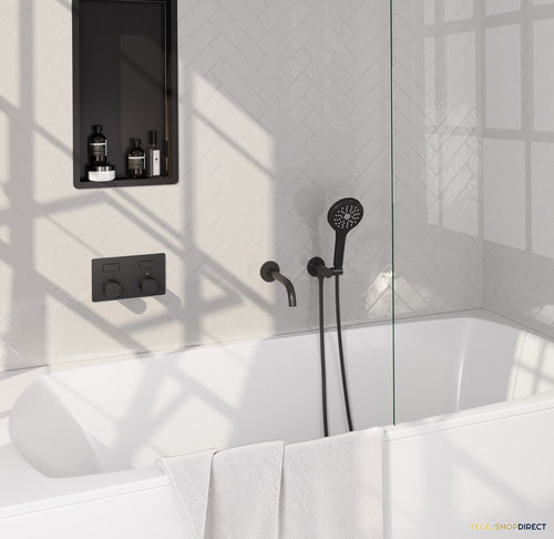 Brauer Stripe thermostatische inbouw badkraan met drukknoppen SET 04 met uitloop en 3-standen handdouche en doucheslang en wandaansluitbocht mat zwart