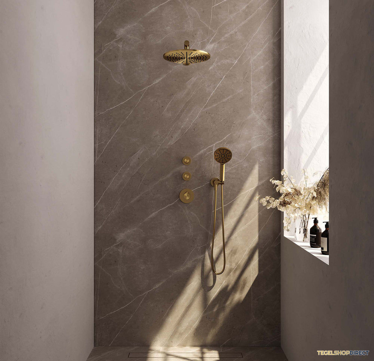 Regendoucheset Inbouw Brauer Gold Carving Thermostatisch 30cm met Wandarm en Handdouche 3-Standen Losse Stopkranen Geborsteld Goud – afbeelding 2