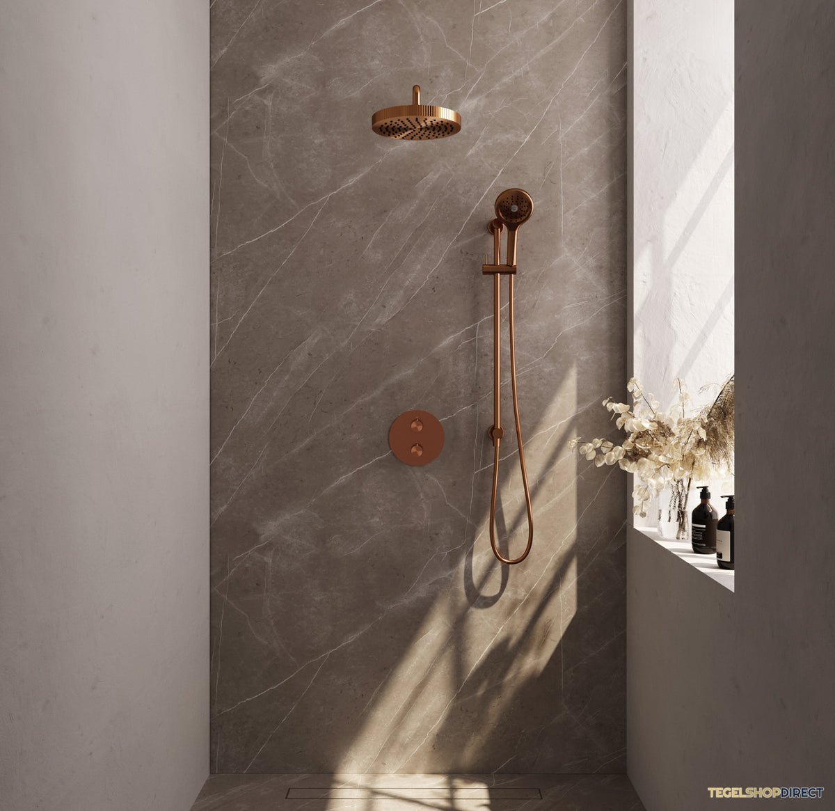 Brauer Stripe thermostatische inbouw regendouche 3-weg rond SET 47 met 25 cm douchekop en gebogen muurarm en 3-standen handdouche en doucheslang en geintegreerde glijstang koper geborsteld PVD – afbeelding 2
