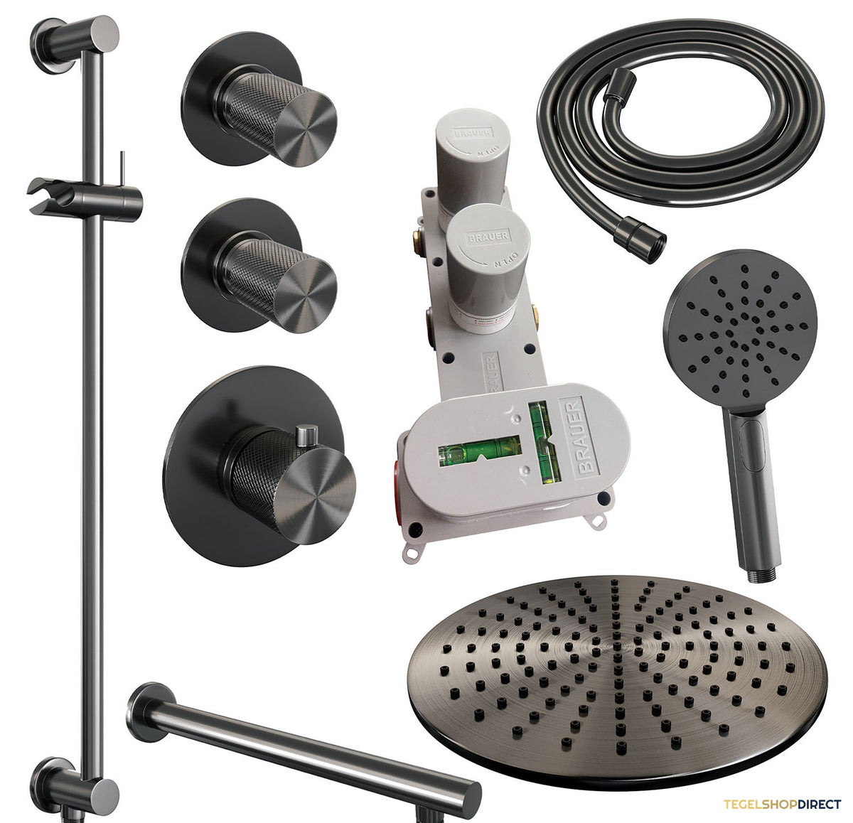 Regendoucheset Inbouw Brauer Gunmetal Carving Thermostatisch 30cm met Wandarm, Glijstang en Handdouche 3-Standen Losse Stopkranen Geborsteld Gunmetal – afbeelding 4