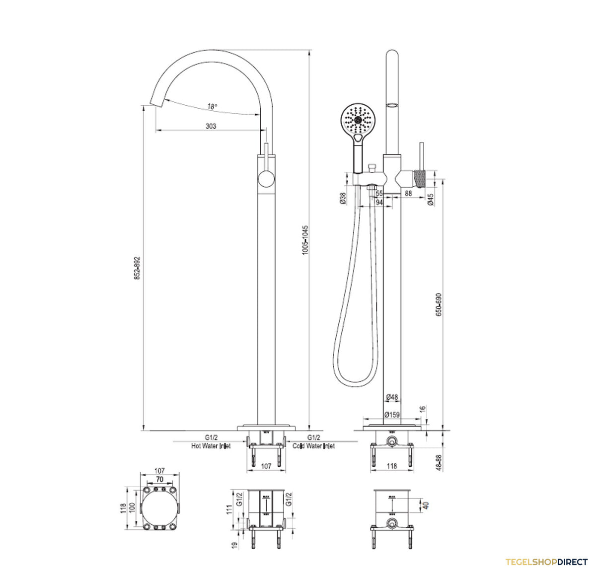 Badkraan Vrijstaand Brauer Copper Carving met Handdouche 3-Standen Geborsteld Koper – afbeelding 6
