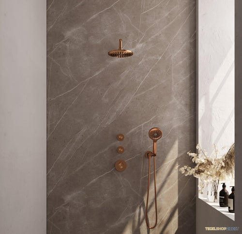 Inbouw Regendouche Set Brauer Copper Edition Gebogen Wanduitloop Ronde Hoofddouche 20 cm Met Twee Stopkranen en Handdouche 3 Standen Koper PVD