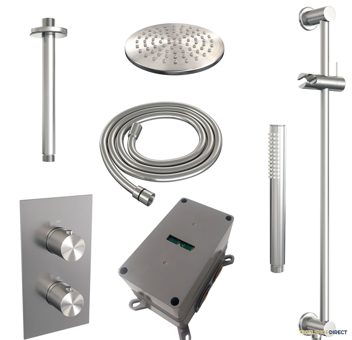 Regendoucheset Inbouw Brauer Brushed Carving Thermostatisch 20cm met 3-Weg Omstelling, Plafondarm, Glijstang en Staaf Handdouche Geborsteld RVS – afbeelding 3