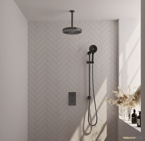 Brauer Stripe thermostatische inbouw regendouche 3-weg rechthoekig SET 24 met 25 cm douchekop en plafondarm en 3-standen handdouche en doucheslang en geintegreerde glijstang gunmetal geborsteld PVD