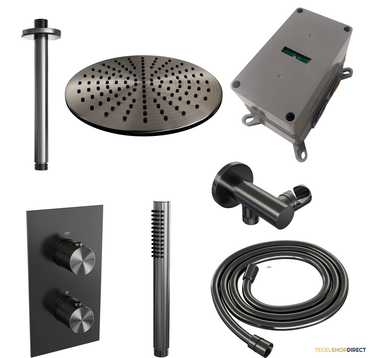 Regendoucheset Inbouw Brauer Gunmetal Carving Thermostatisch 30cm met 3-Weg Omstelling, Plafondarm en Staaf Handdouche Geborsteld Gunmetal – afbeelding 4