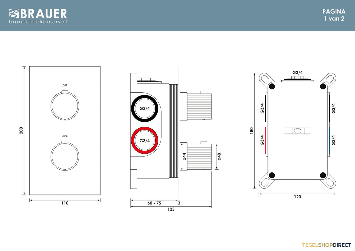 Brauer Stripe 3-weg inbouwthermostaat rechthoekig met in- en afbouwdelen goud geborsteld PVD – afbeelding 4