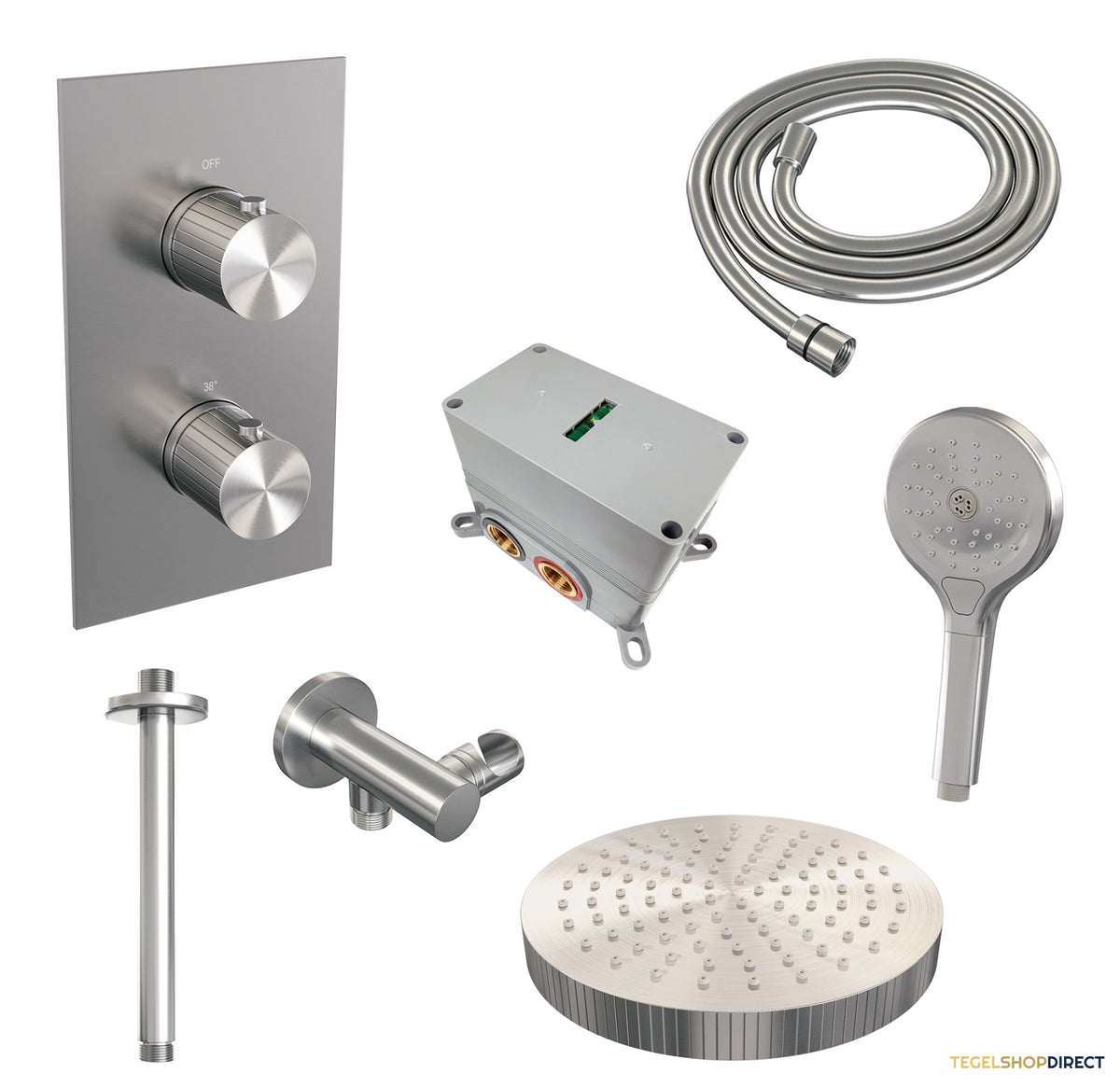 Brauer Stripe thermostatische inbouw regendouche 3-weg rechthoekig SET 18 met 25 cm douchekop en plafondarm en 3-standen handdouche en doucheslang en wandaansluitbocht RVS-kleurig geborsteld PVD – afbeelding 3