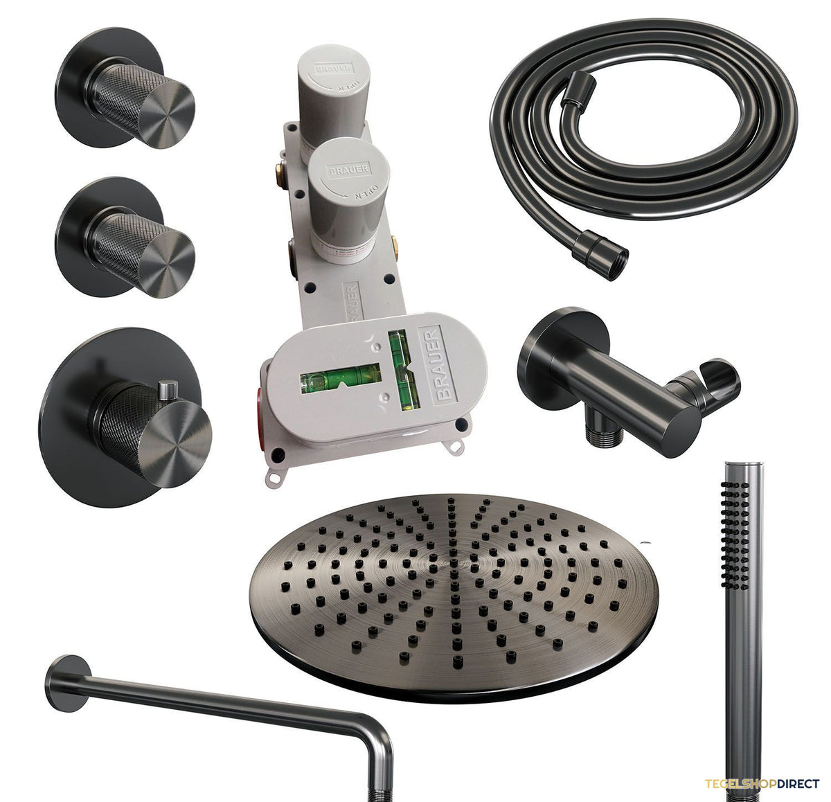 Regendoucheset Inbouw Brauer Gunmetal Carving Thermostatisch 30cm met Gebogen Wandarm en Handdouche Staaf Losse Stopkranen Geborsteld Gunmetal – afbeelding 3
