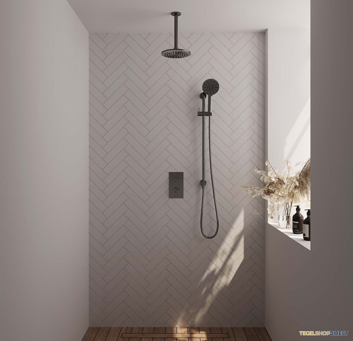 Regendoucheset Inbouw Brauer Gunmetal Carving Thermostatisch 20cm met 3-Weg Omstelling, Plafondarm, Glijstang en Handdouche 3-Standen Geborsteld Gunmetal – afbeelding 2