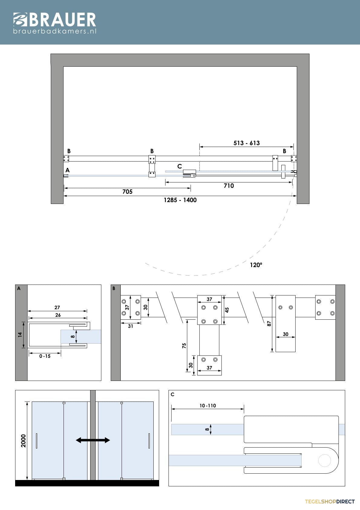 BRAUER Stellar nisdeur 2-delig draaiend helder glas 140x200 omkeerbaar incl. glascoating mat zwart – afbeelding 7