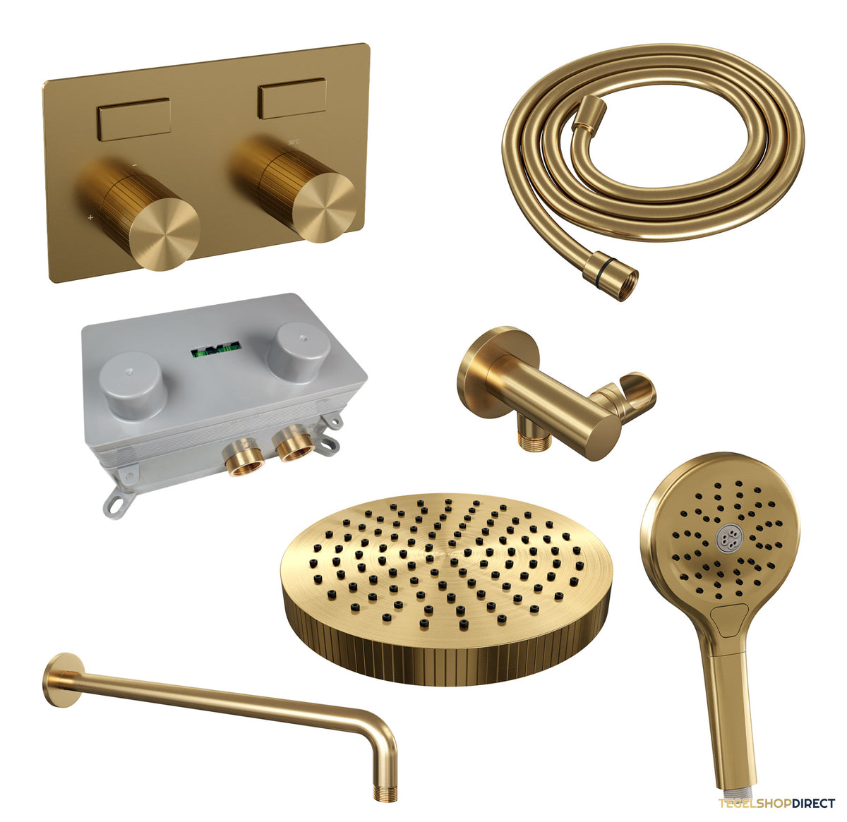 Brauer Stripe thermostatische inbouw regendouche met drukknoppen SET 29 met 25 cm douchekop en gebogen muurarm en 3-standen handdouche en doucheslang en wandaansluitbocht goud geborsteld PVD – afbeelding 3