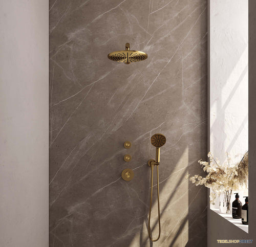 Regendoucheset Inbouw Brauer Gold Carving Thermostatisch 30cm met Wandarm en Handdouche 3-Standen Losse Stopkranen Geborsteld Goud