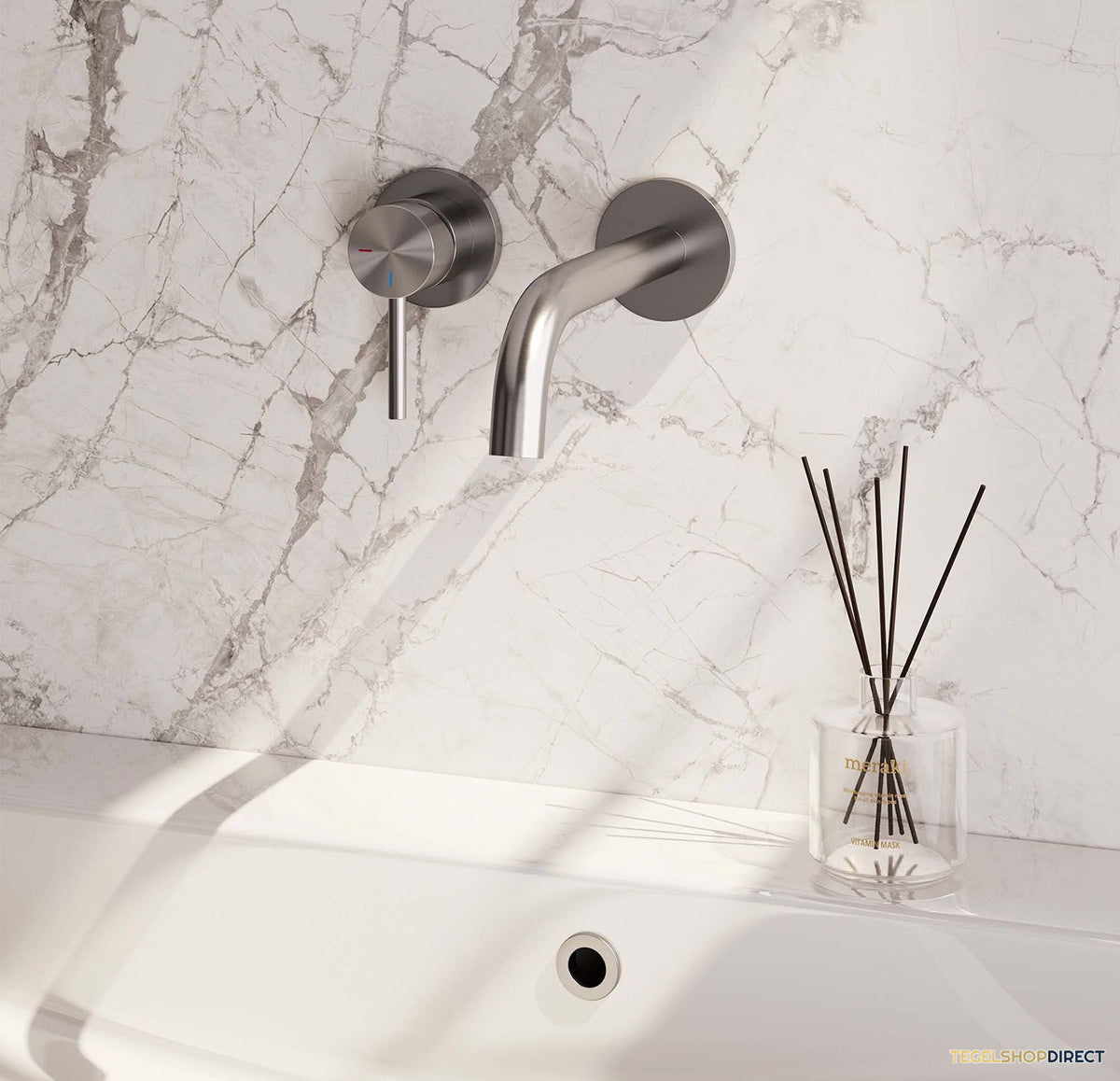 Inbouw Wastafelmengkraan Brauer Brushed Edition Coldstart Gebogen Uitloop Ronde Hendel Links Geborsteld RVS PVD Met Rozetten – afbeelding 2