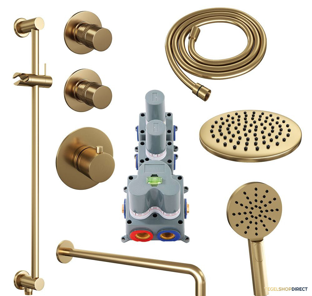 Regendoucheset Inbouw Brauer Gold Edition Thermostatisch 20cm met Gebogen Wandarm, Glijstang en Handdouche 3-Standen Losse Stopkranen Geborsteld Goud – afbeelding 2