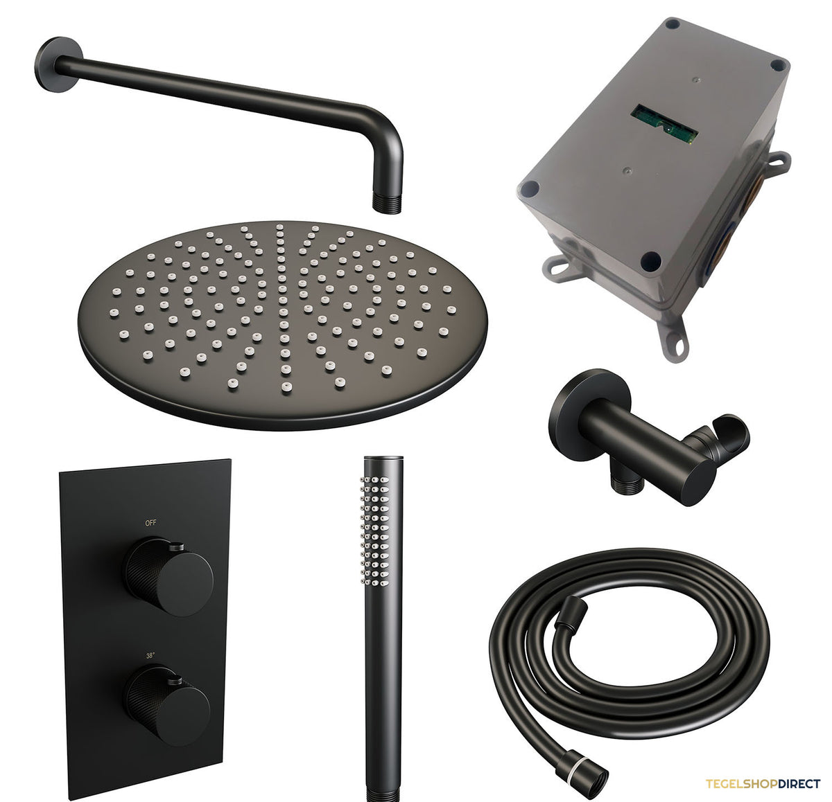 Regendoucheset Inbouw Brauer Black Carving Thermostatisch 30cm met 3-Weg Omstelling, Gebogen Wandarm en Staaf Handdouche Mat Zwart – afbeelding 3