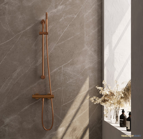 Brauer Stripe opbouw douche thermostaatkraan SET 01 met glijstang en staaf handdouche en doucheslang koper geborsteld PVD