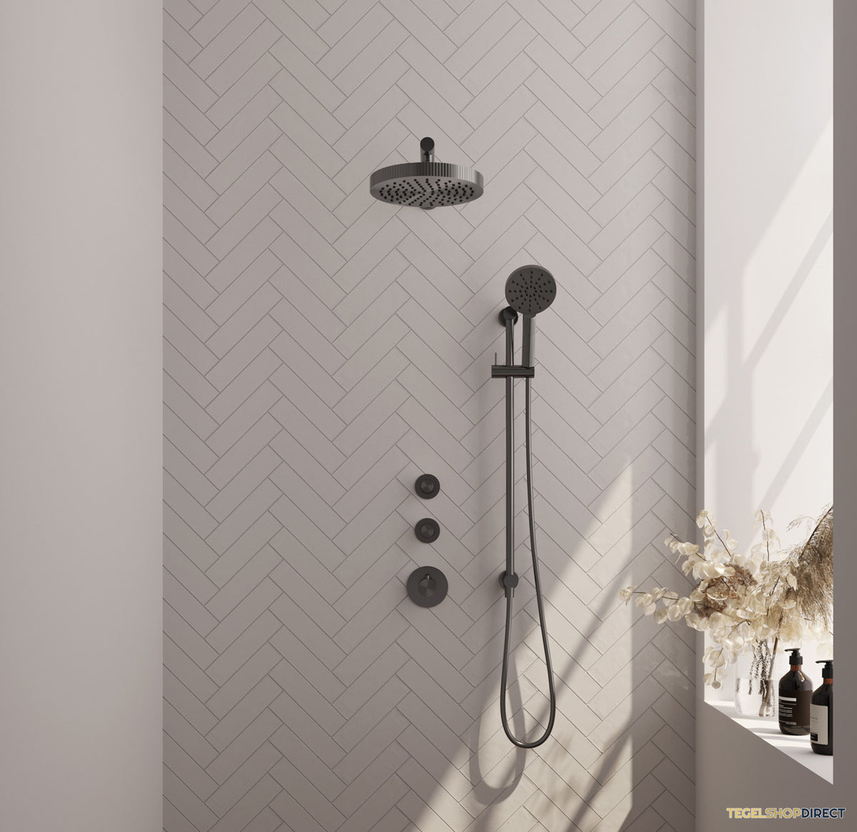 Brauer Stripe thermostatische inbouw regendouche SET 10 met 25 cm douchekop en rechte muurarm en 3-standen handdouche en doucheslang en geintegreerde glijstang gunmetal geborsteld PVD