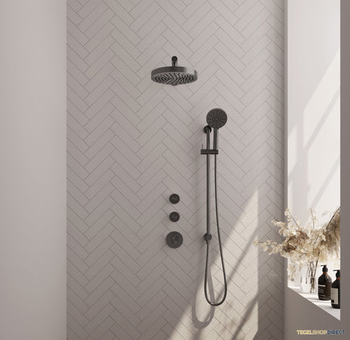 Brauer Stripe thermostatische inbouw regendouche SET 10 met 25 cm douchekop en rechte muurarm en 3-standen handdouche en doucheslang en geintegreerde glijstang gunmetal geborsteld PVD