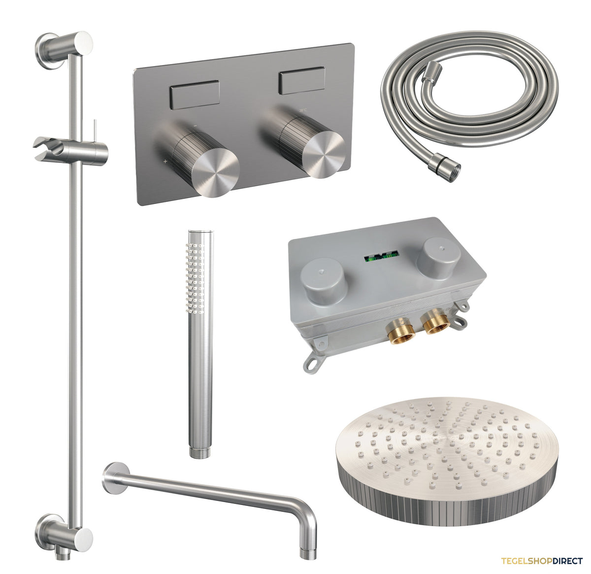 Brauer Stripe thermostatische inbouw regendouche met drukknoppen SET 32 met 25 cm douchekop en gebogen muurarm en staaf handdouche en doucheslang en geintegreerde glijstang RVS-kleurig geborsteld PVD – afbeelding 3