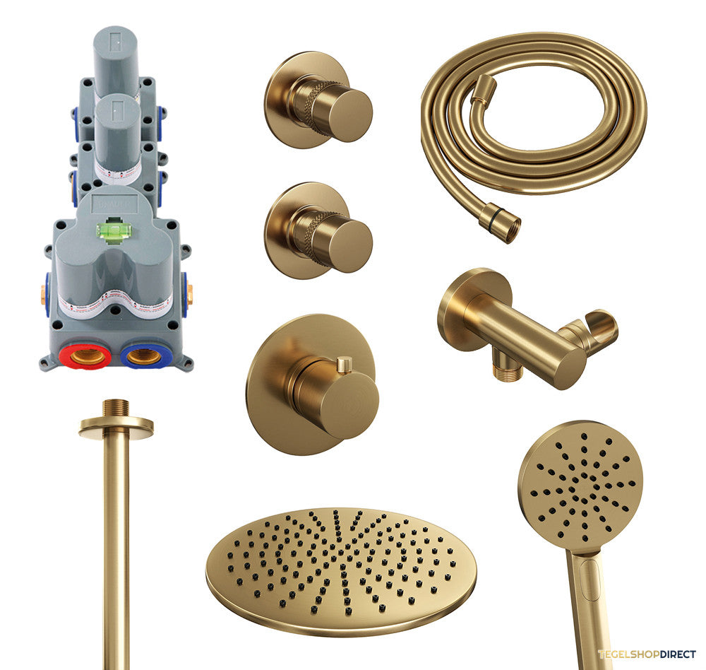 Regendoucheset Inbouw Brauer Gold Edition Thermostatisch 30cm met Plafondarm en Handdouche 3-Standen Losse Stopkranen Geborsteld Goud – afbeelding 2