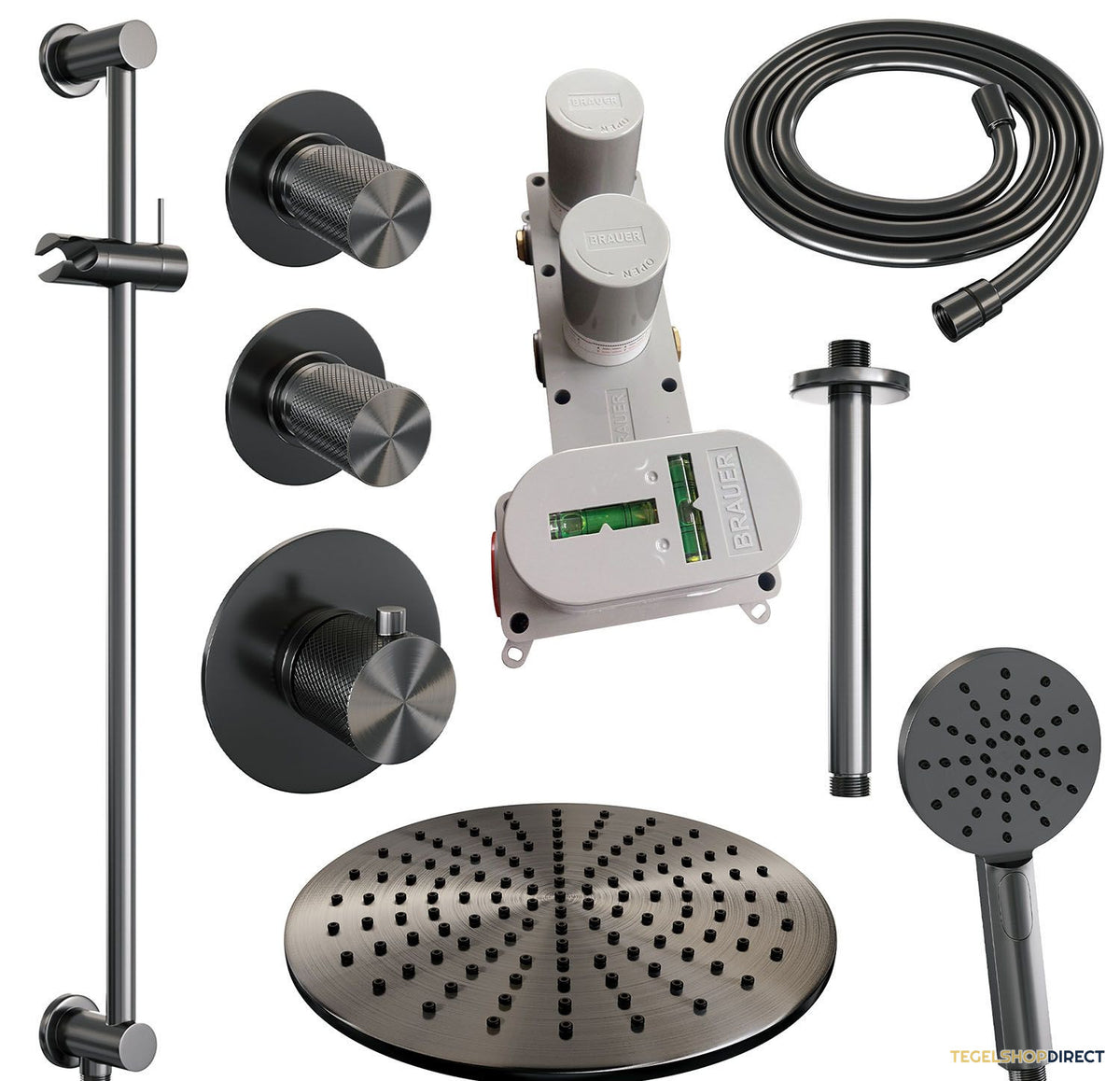 Regendoucheset Inbouw Brauer Gunmetal Carving Thermostatisch 30cm met Plafondarm, Glijstang en Handdouche 3-Standen Geborsteld Gunmetal – afbeelding 4