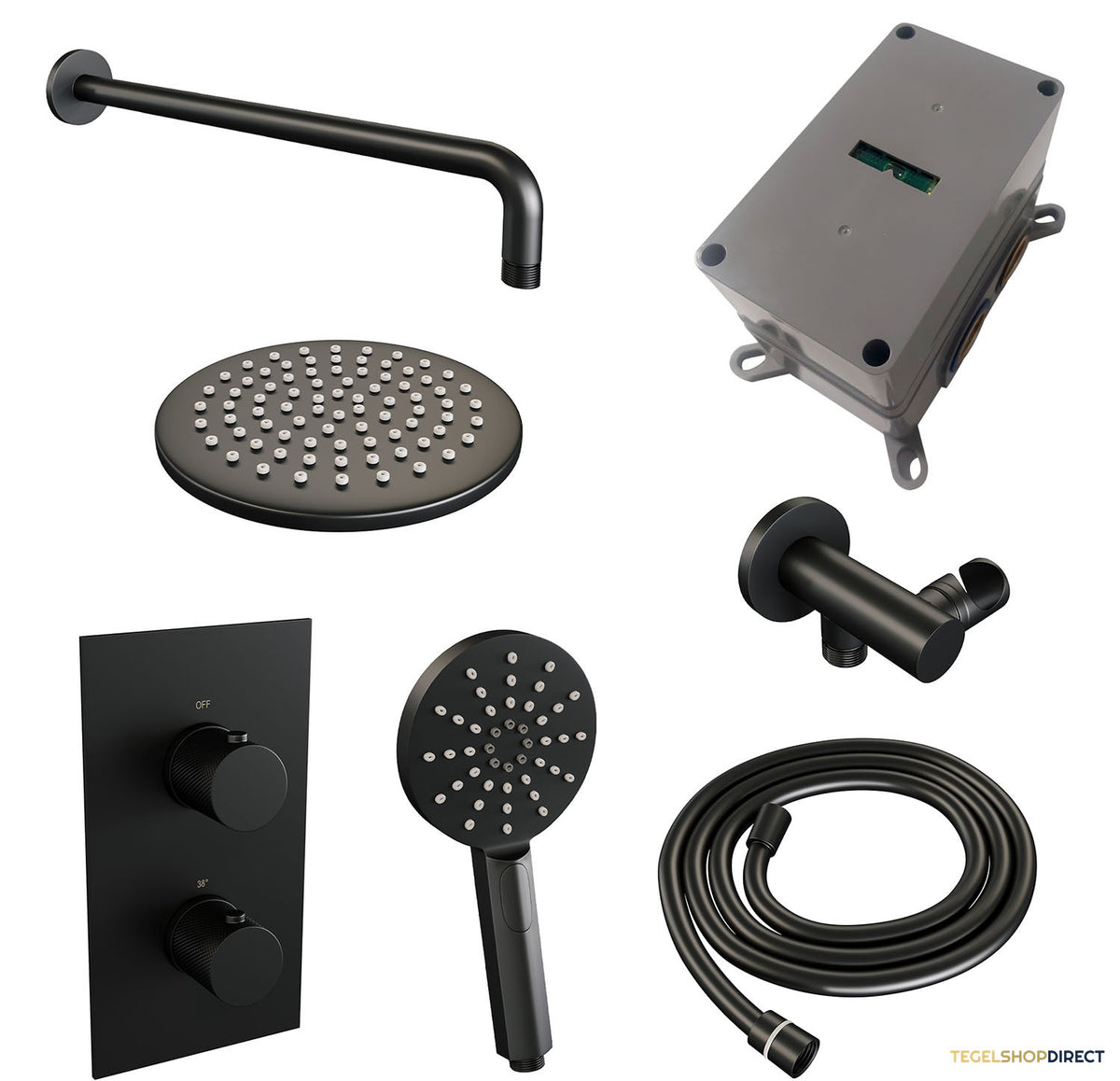 Regendoucheset Inbouw Brauer Black Carving Thermostatisch 20cm met 3-Weg Omstelling, Gebogen Wandarm en 3-Standen Handdouche Mat Zwart – afbeelding 3