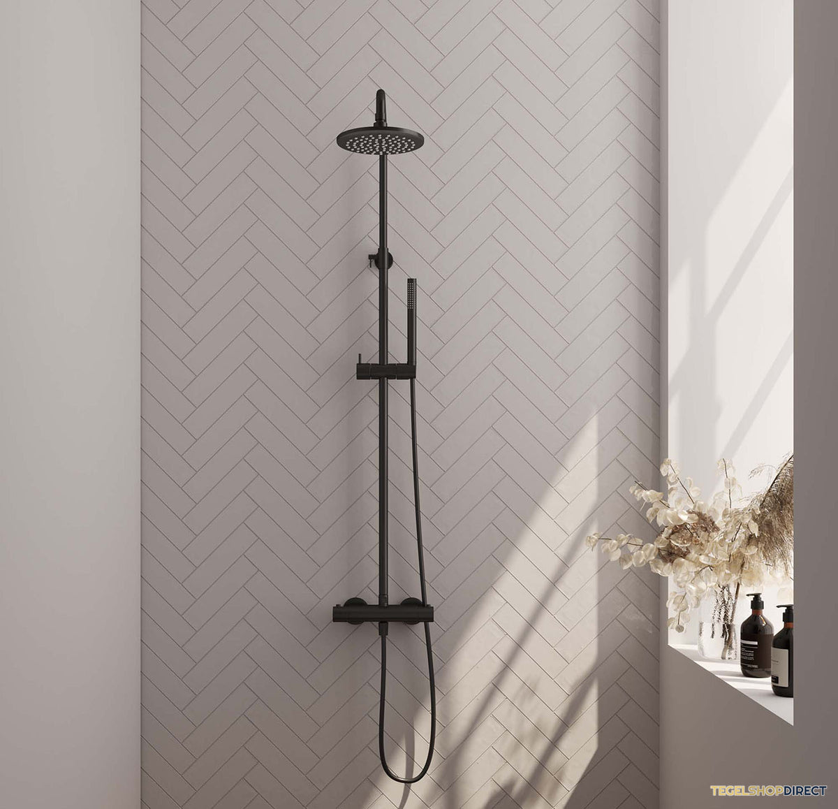Regendouche Brauer Black Showerpipe met Thermostaat 20cm Mat Zwart
