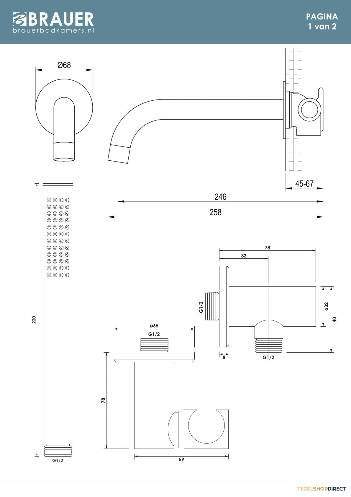 Brauer Stripe thermostatische inbouw badkraan SET 01 met uitloop en staaf handdouche en doucheslang en wandaansluitbocht mat zwart – afbeelding 9