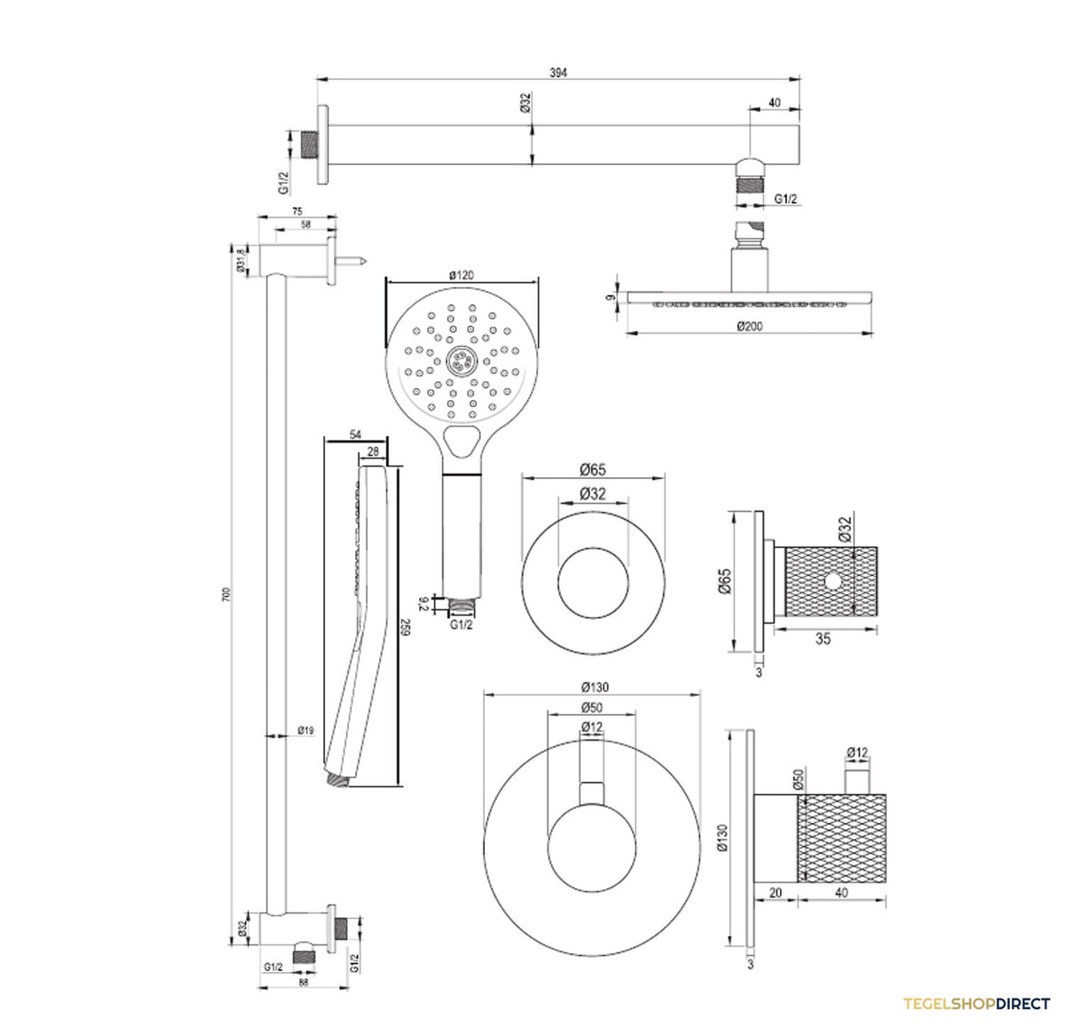 Regendoucheset Inbouw Brauer Copper Carving Thermostatisch 20cm met Wandarm, Glijstang en Handdouche 3-Standen Losse Stopkranen Geborsteld Koper – afbeelding 12