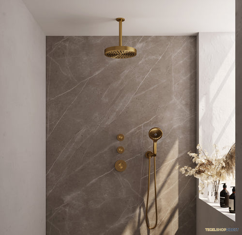 Brauer Stripe thermostatische inbouw regendouche SET 06 met 25 cm douchekop en plafondarm en 3-standen handdouche en doucheslang en wandaansluitbocht goud geborsteld PVD