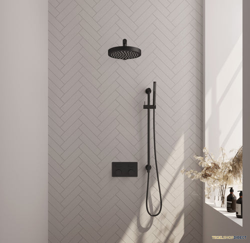 Brauer Stripe thermostatische inbouw regendouche met drukknoppen SET 31 met 25 cm douchekop en rechte muurarm en staaf handdouche en doucheslang en geintegreerde glijstang mat zwart