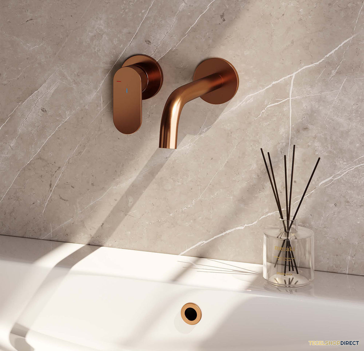 Inbouw Wastafelmengkraan Brauer Copper Edition Coldstart Gebogen Uitloop Platte Hendel Links Geborsteld Koper PVD Met Rozetten – afbeelding 2