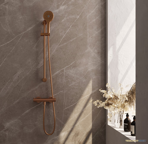 Brauer Stripe opbouw douche thermostaatkraan SET 02 met glijstang en 3-standen handdouche en doucheslang koper geborsteld PVD