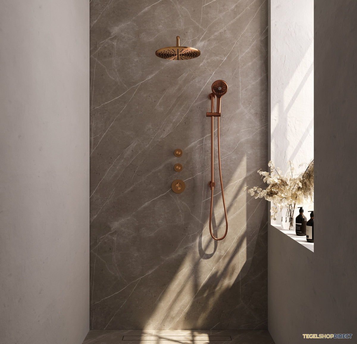 Regendoucheset Inbouw Brauer Copper Carving Thermostatisch 30cm met Gebogen Wandarm, Glijstang en Handdouche 3-Standen Geborsteld Koper – afbeelding 2