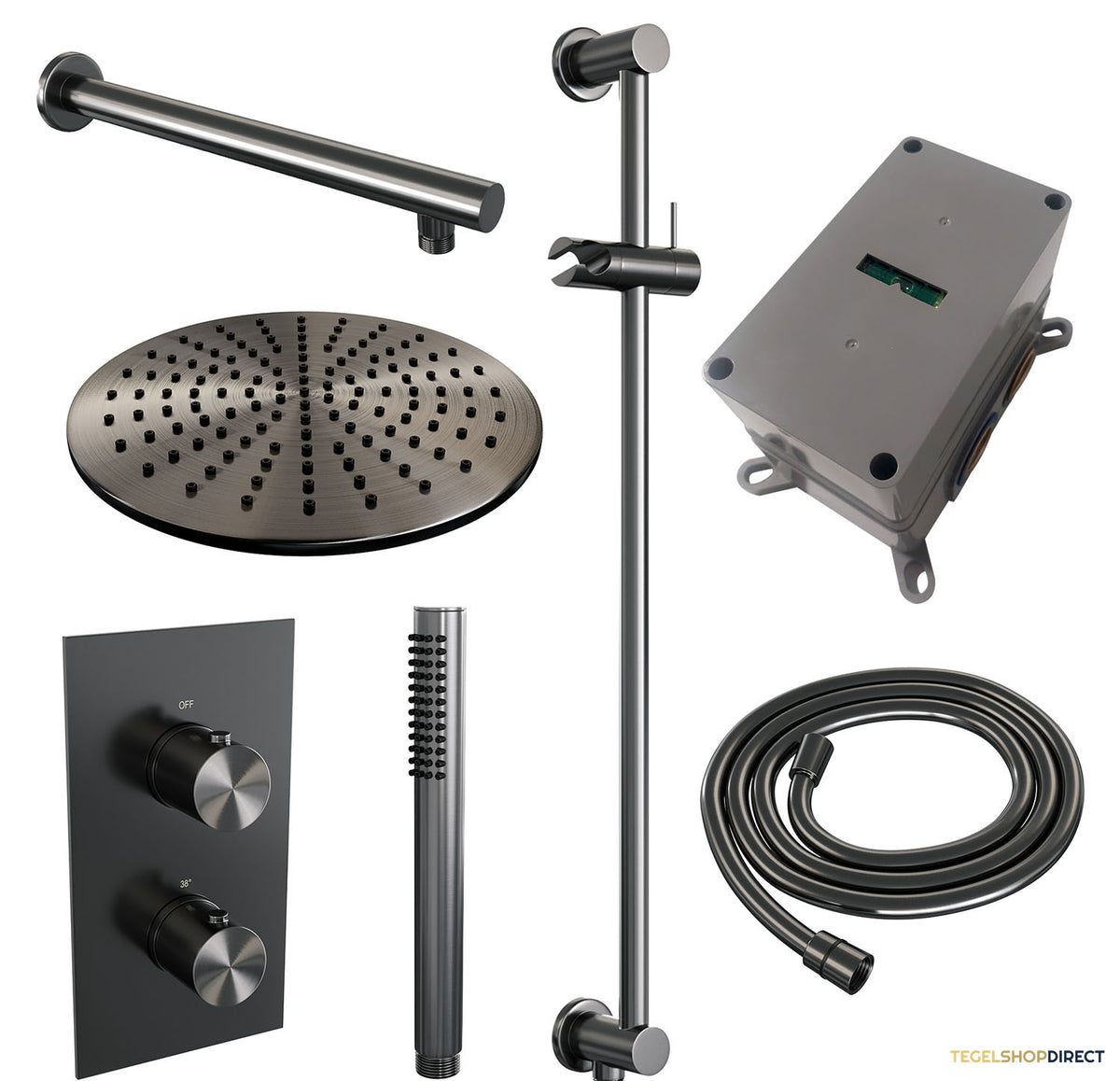 Regendoucheset Inbouw Brauer Gunmetal Edition Thermostatisch 30cm met 3-Weg Omstelling, Wandarm, Glijstang en Staaf Handdouche Geborsteld Gunmetal – afbeelding 3