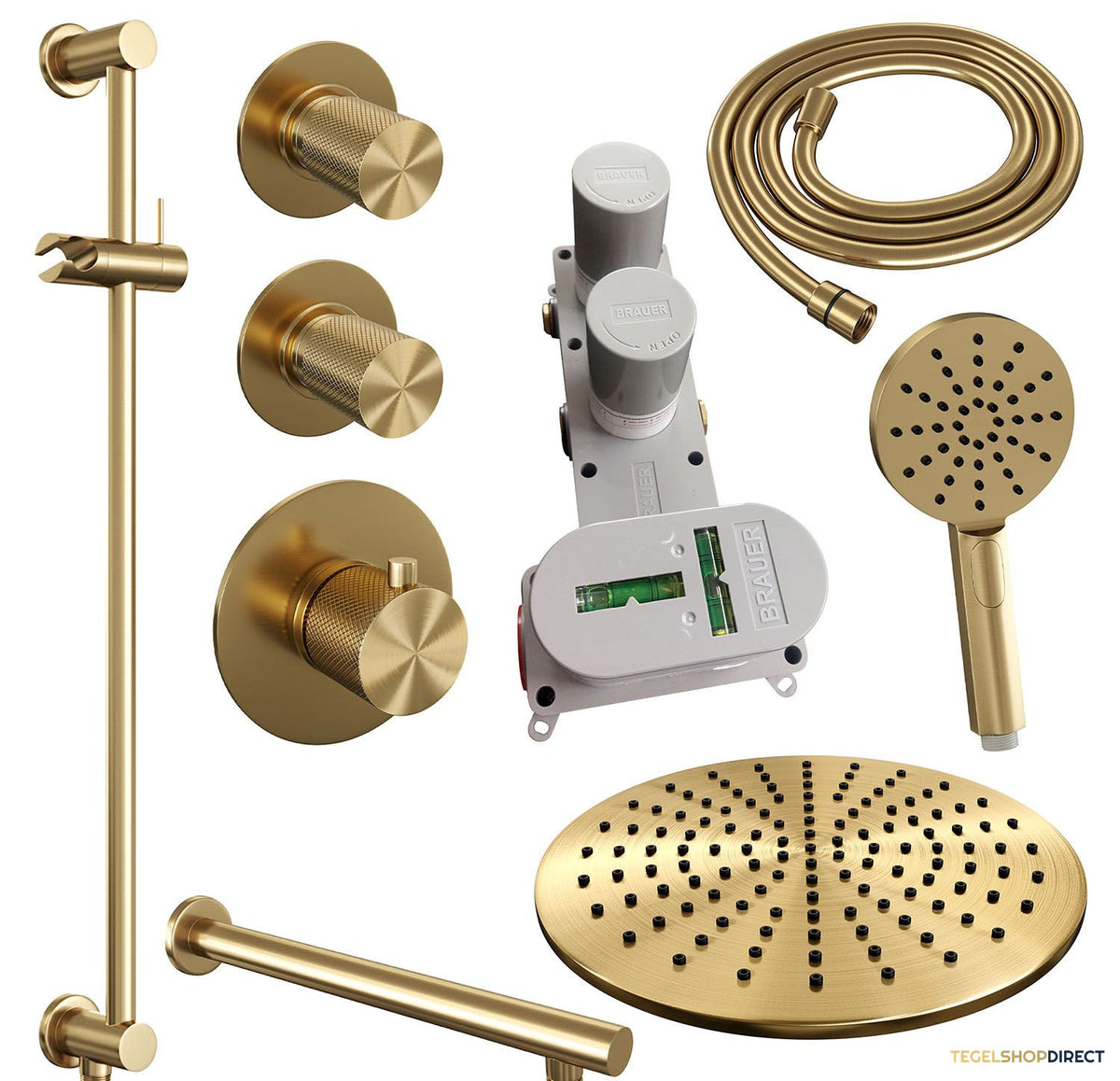 Regendoucheset Inbouw Brauer Gold Carving Thermostatisch 30cm met Wandarm, Glijstang en Handdouche 3-Standen Losse Stopkranen Geborsteld Goud – afbeelding 4