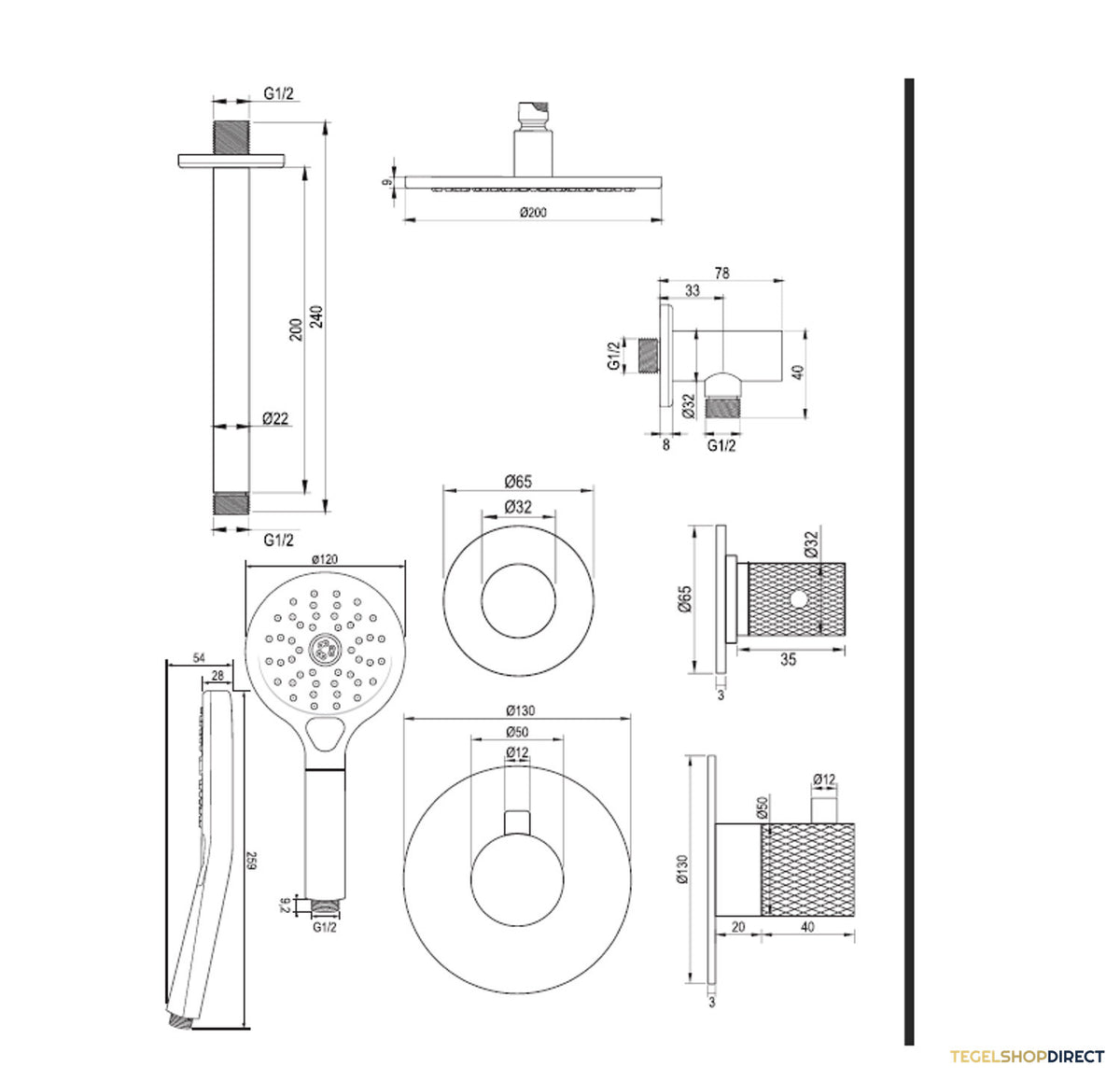 Regendoucheset Inbouw Brauer Brushed Carving Thermostatisch 20cm met Plafondarm en Handdouche 3-Standen Losse Stopkranen Geborsteld RVS – afbeelding 12