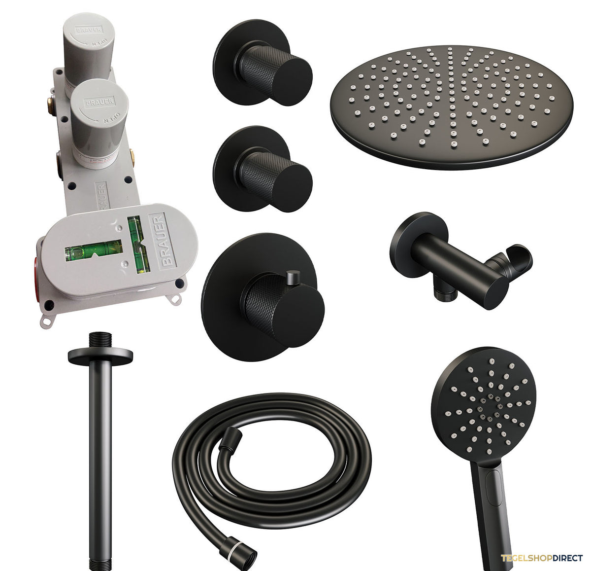 Regendoucheset Inbouw Brauer Black Carving Thermostatisch 30cm met Plafondarm en Handdouche 3-Standen Losse Stopkranen Mat Zwart – afbeelding 3
