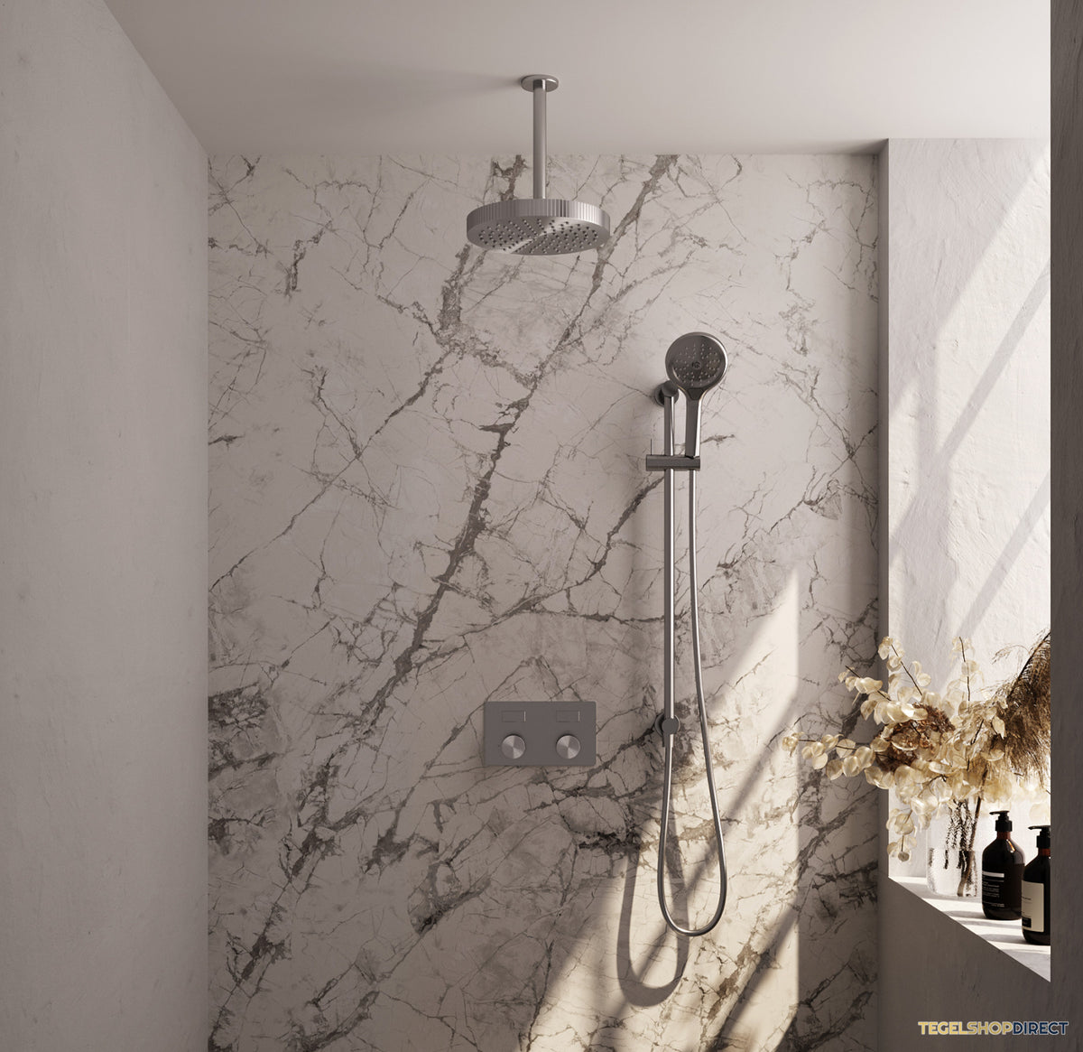 Brauer Stripe thermostatische inbouw regendouche met drukknoppen SET 36 met 25 cm douchekop en plafondarm en 3-standen handdouche en doucheslang en geintegreerde glijstang RVS-kleurig geborsteld PVD