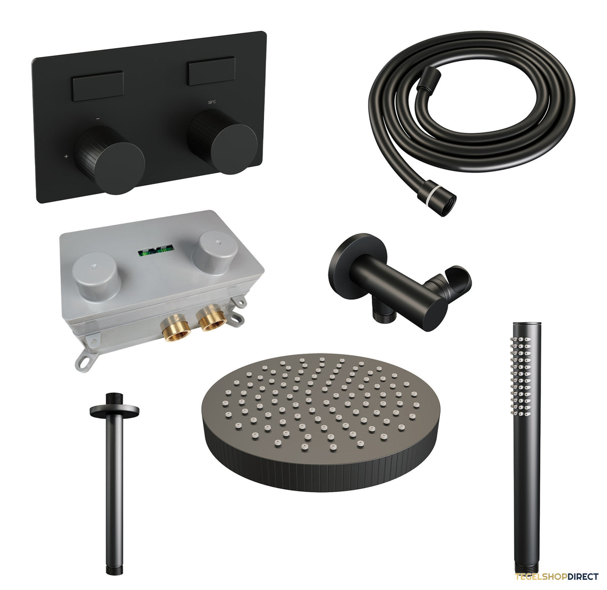 Brauer Stripe thermostatische inbouw regendouche met drukknoppen SET 27 met 25 cm douchekop en plafondarm en staaf handdouche en doucheslang en wandaansluitbocht mat zwart – afbeelding 3