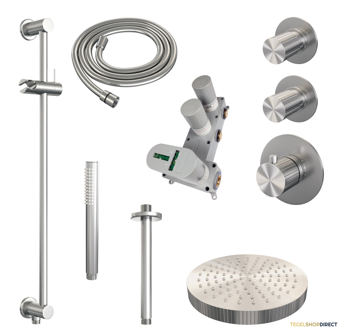 Brauer Stripe thermostatische inbouw regendouche SET 09 met 25 cm douchekop en plafondarm en staaf handdouche en doucheslang en geintegreerde glijstang RVS-kleurig geborsteld PVD – afbeelding 3