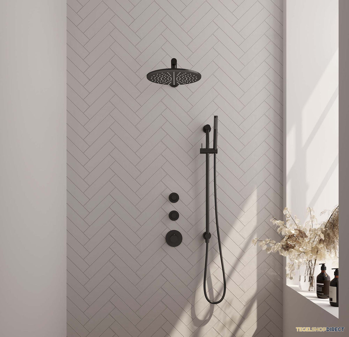 Thermostatisch Inbouwdoucheset Brauer Black 30cm Hoofddouche Wandarm Staafhanddouche op Glijstang Mat Zwart